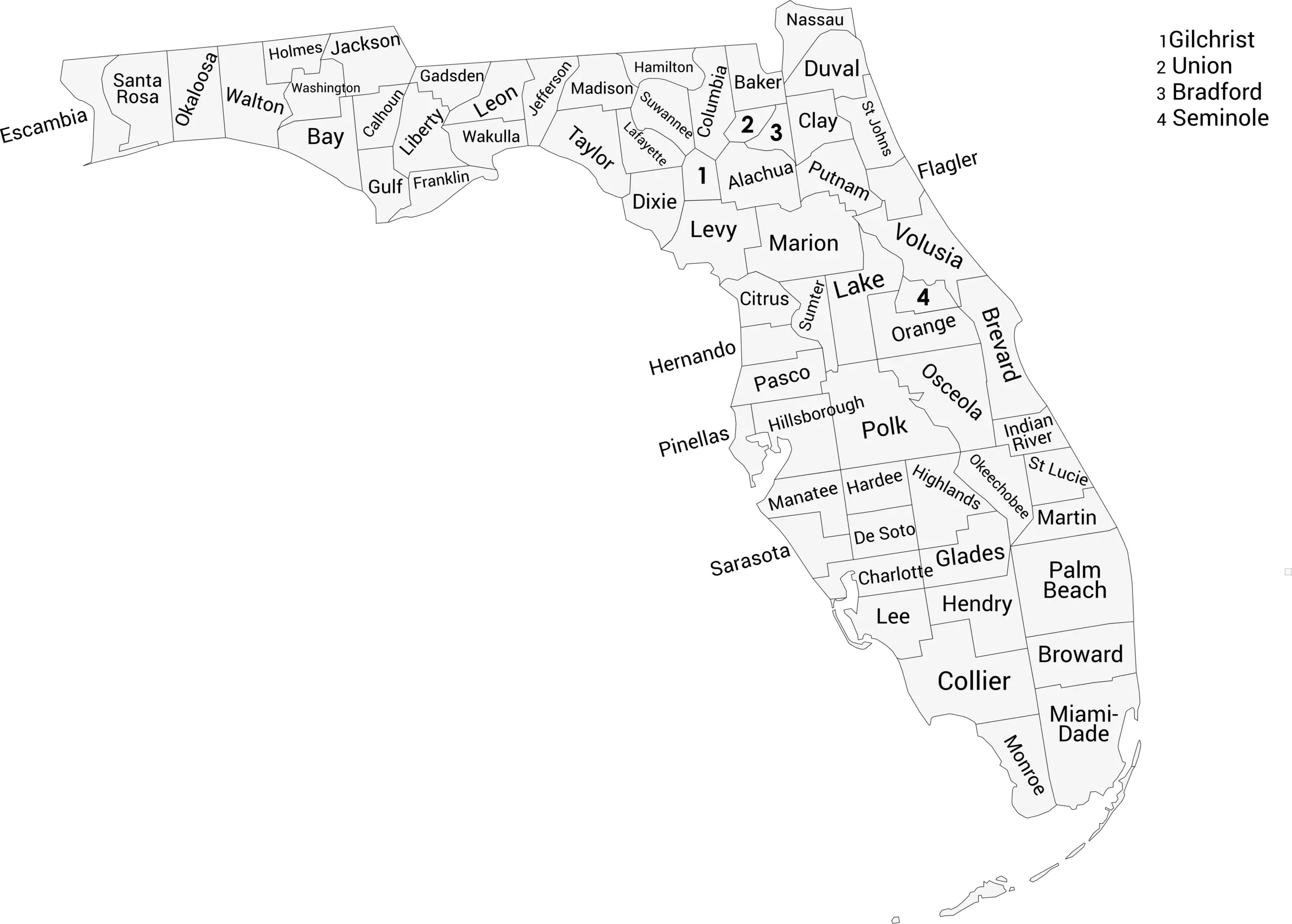 Florida county map with labels