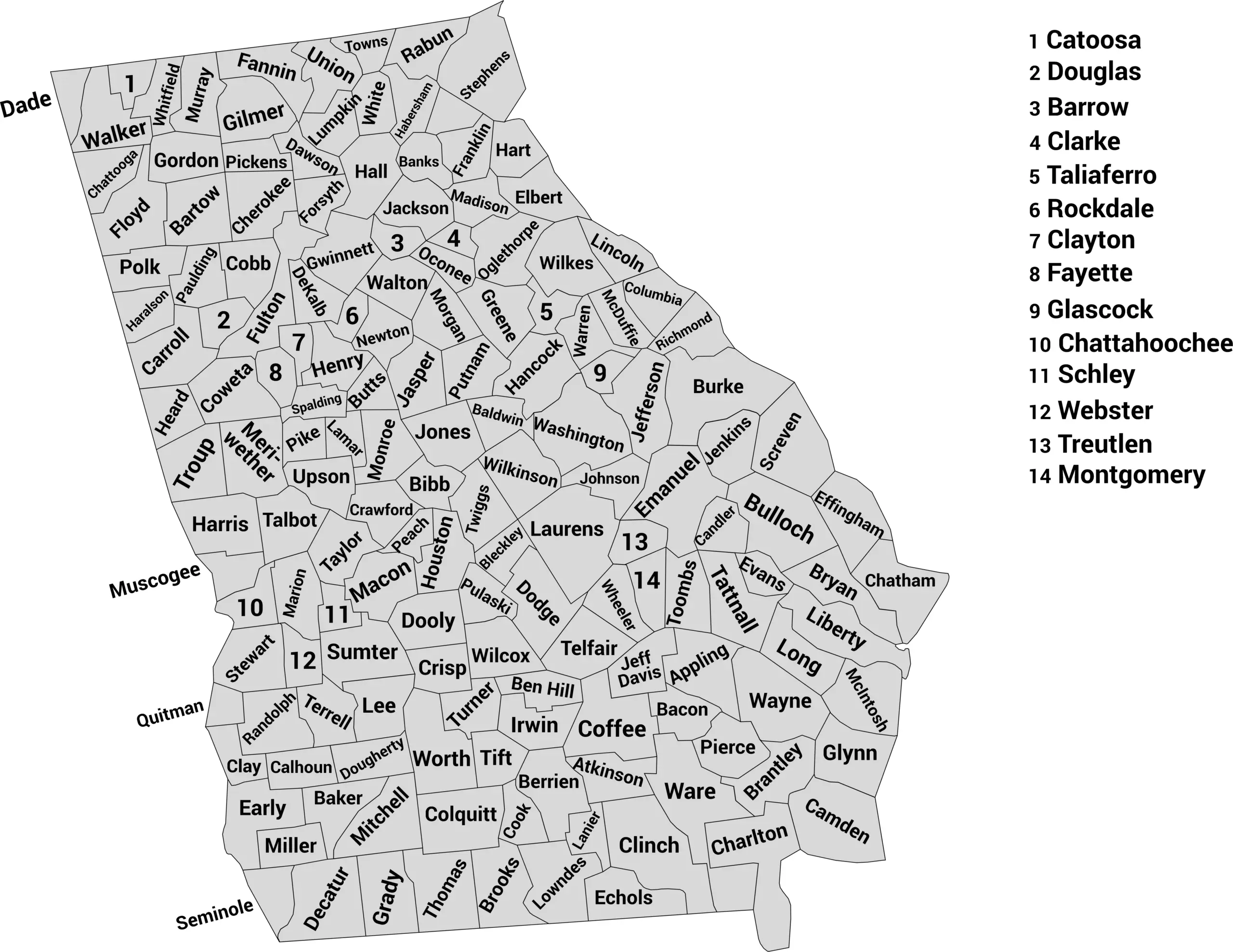 Georgia county map with labels