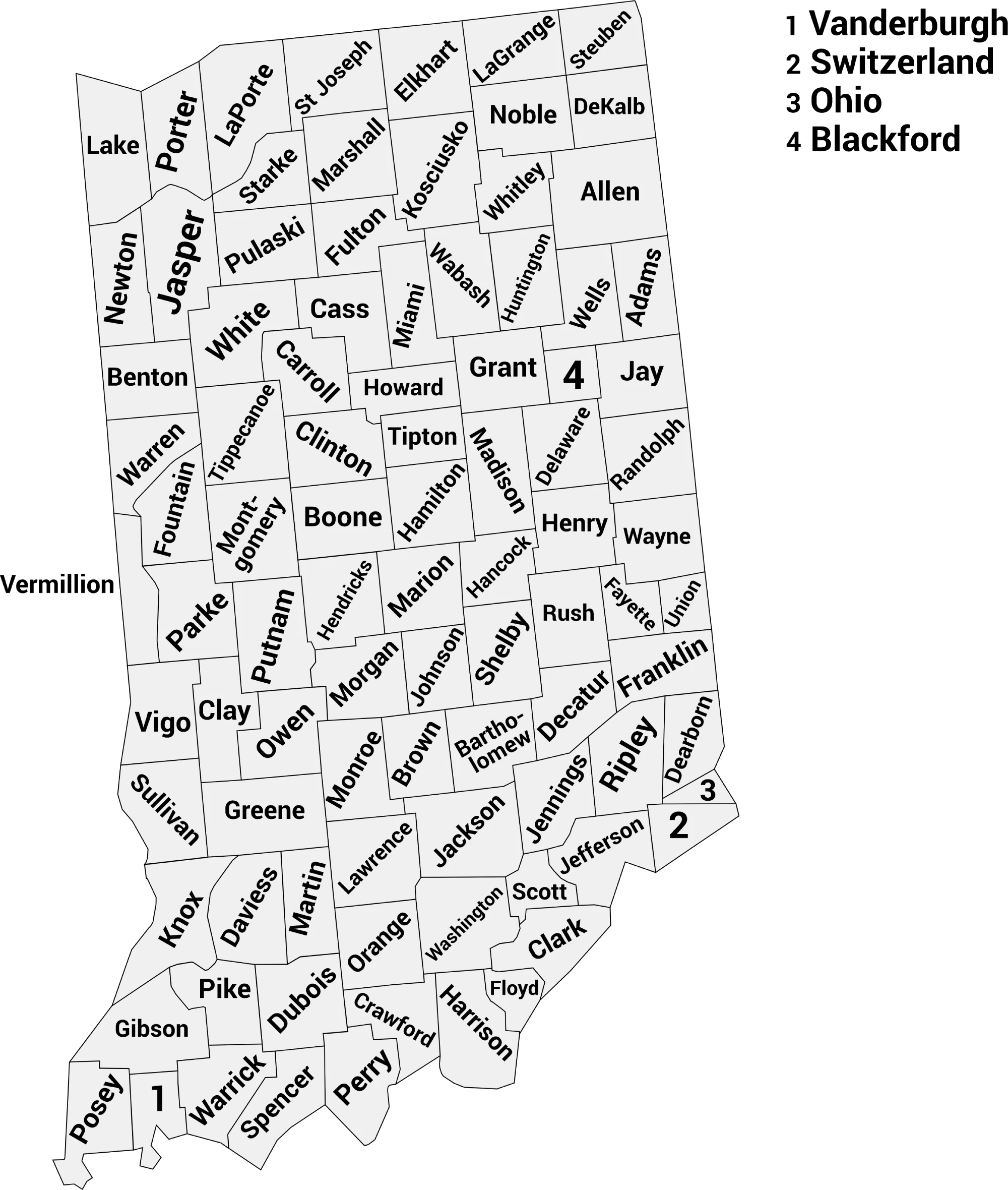 Indiana county map with labels