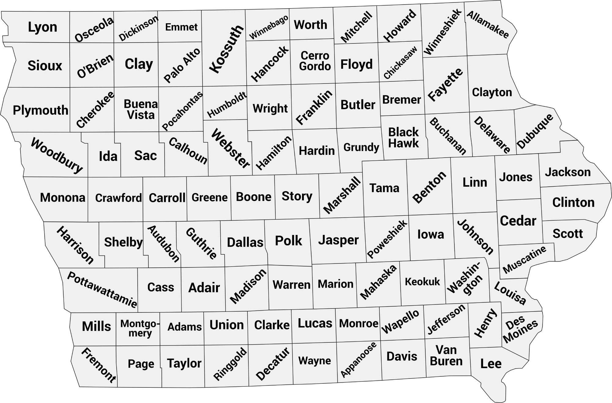 Iowa county map with labels