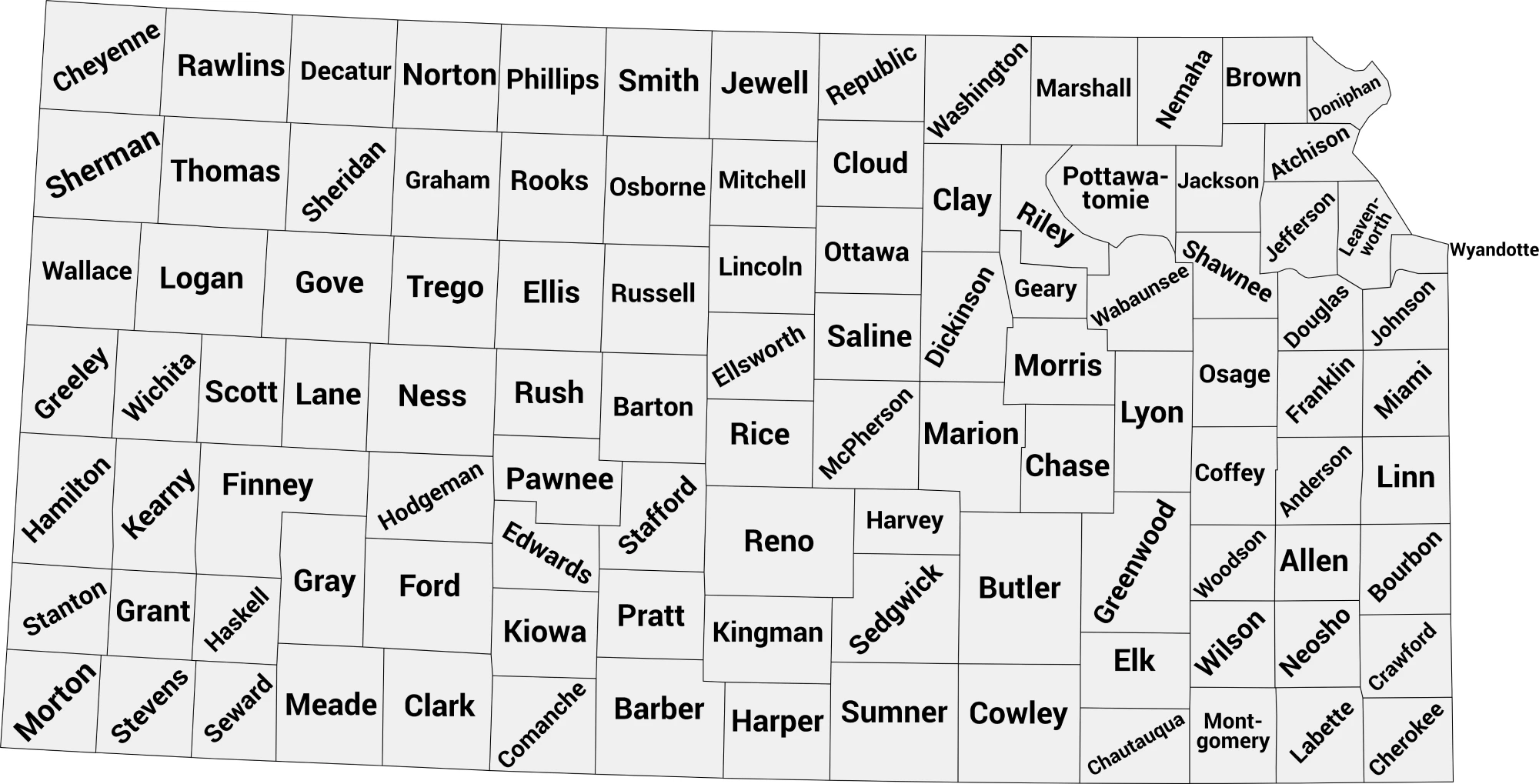 Kansas county map with labels