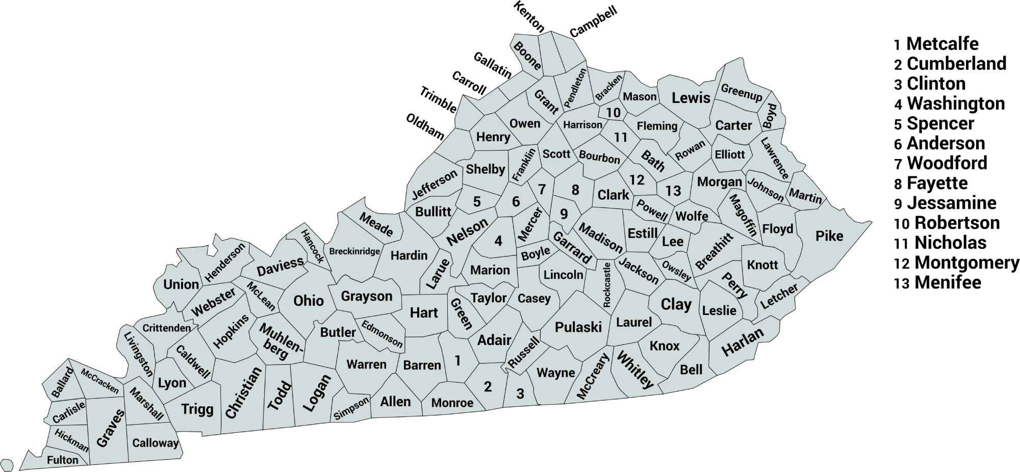 Kentucky county map with labels