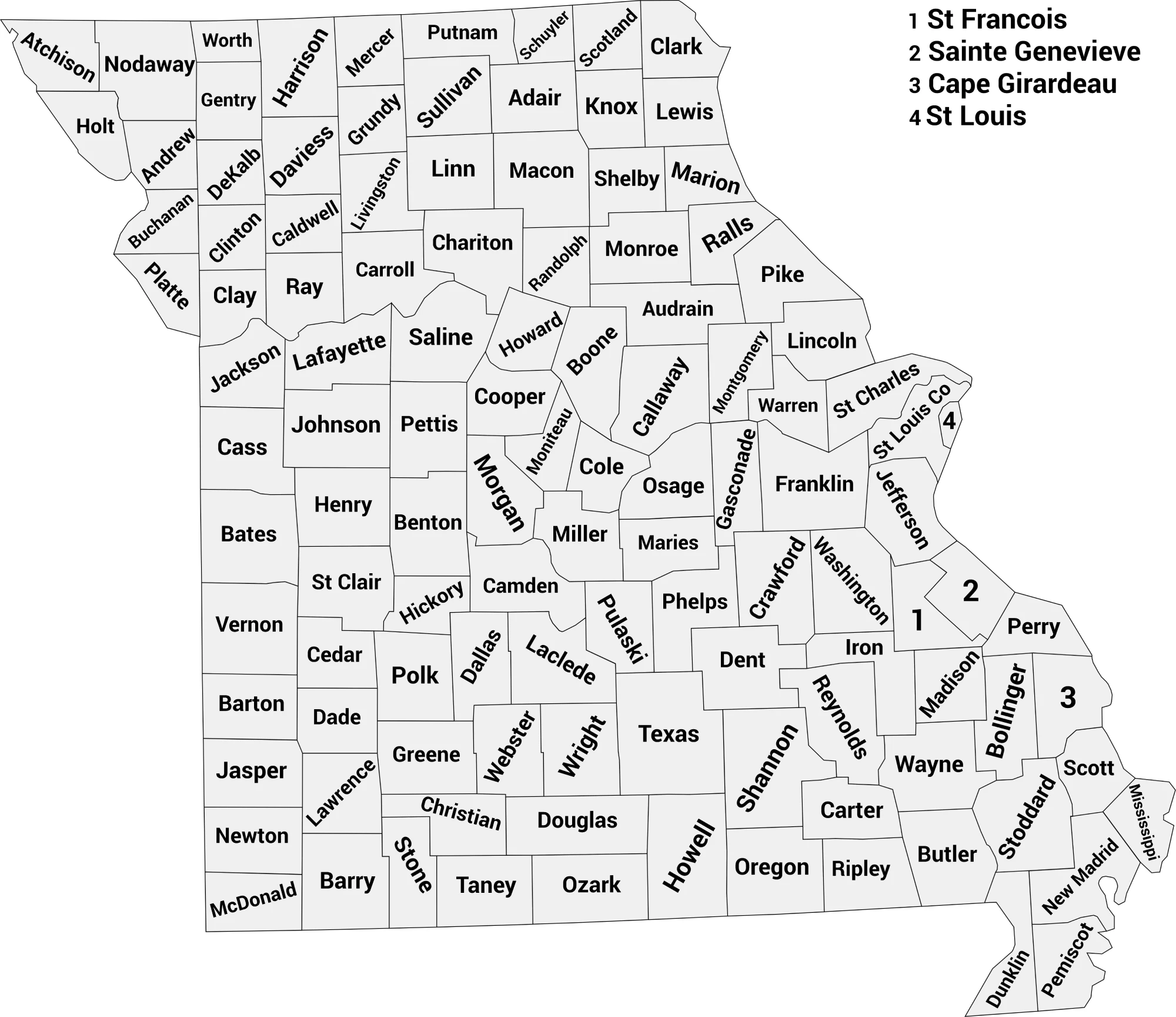 Missouri county map with names