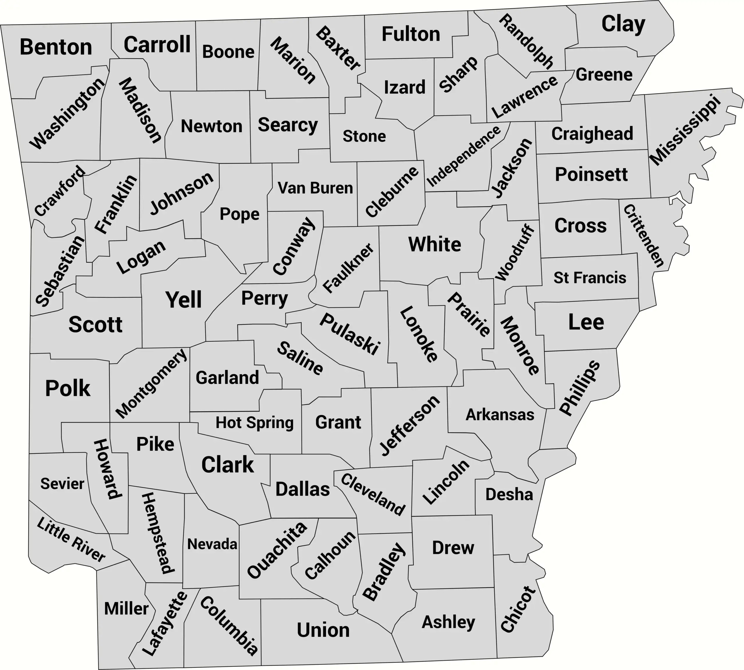 Arkansas county map with labels